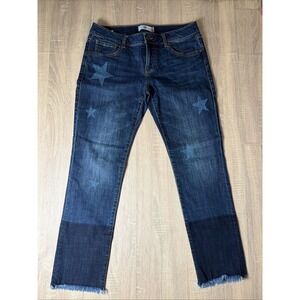 Cabi Slim Boyfriend Jeans Womens Size 6 Blue Star Print Colorblock Raw Hem 3937